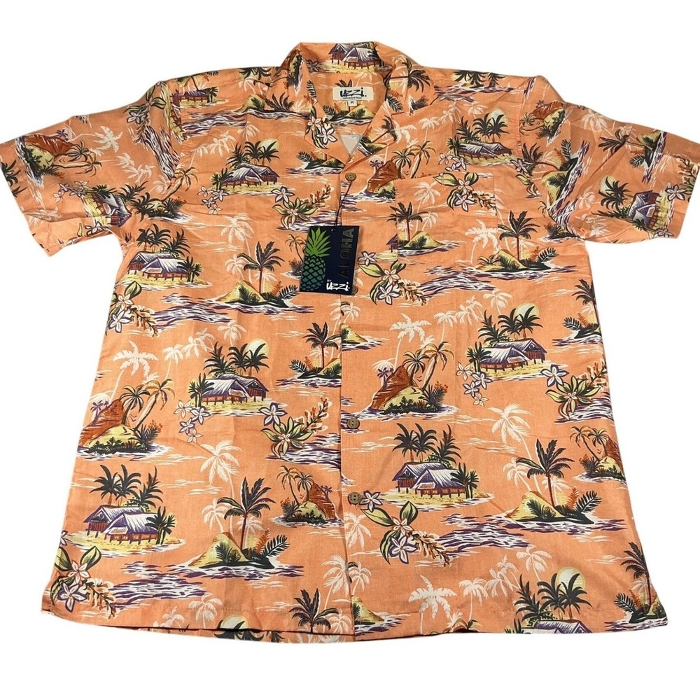 Uzzi Aloha Hawaiian Shirt Mens Medium Coral Tropical Beach Camp Button Front NWT
